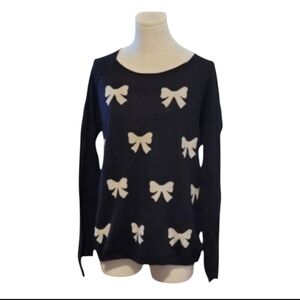 Vintage LOFT Soft Black Scoop Neck Stretchy Sweater With White Bows Size Medium
